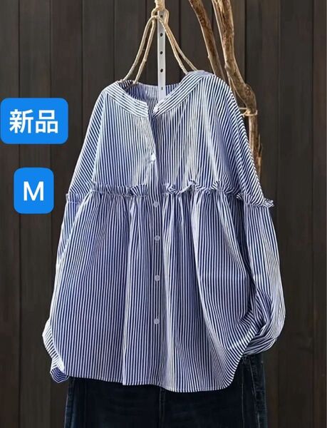 ブラウス カジュアル ストライプ ポリエステル クルーネック シングルブレスト 春/秋シーズン Lサイズ 新品