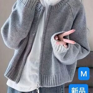 カーディガン ダブルジップ ニット 大人可愛 ジップアップ カーディガン カジュアル ルーズフィット ラウンドネック L 新品