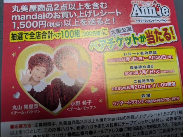 レシート懸賞 ミュージカルアニー大阪公演当たる レシート2口分
