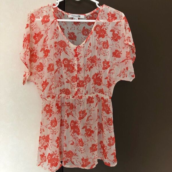 未着用 レトロ 可愛い Forever21 シースルー シフォン チュニック トップス 半袖 オレンジ 透ける 花柄 ブラウス