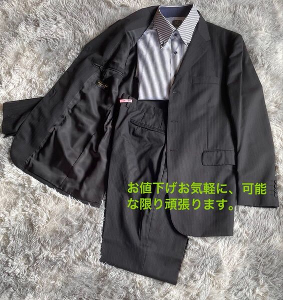訳あり MEN'S BIGIファーマルスーツ 黒 ブラック ストライプ柄 XL