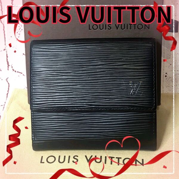 【美品】LOUIS VUITTON ルイヴィトン 二つ折り財布 エピ ポルトフォイユ レザー 小銭入れ付 Wホック/ブラックU