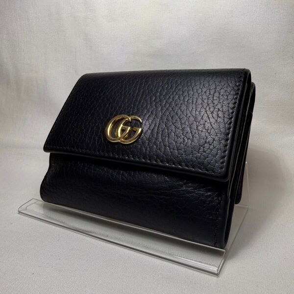 【極美品】GUCCI グッチ GGマーモント 三つ折り財布 ブラック 黒 レザー