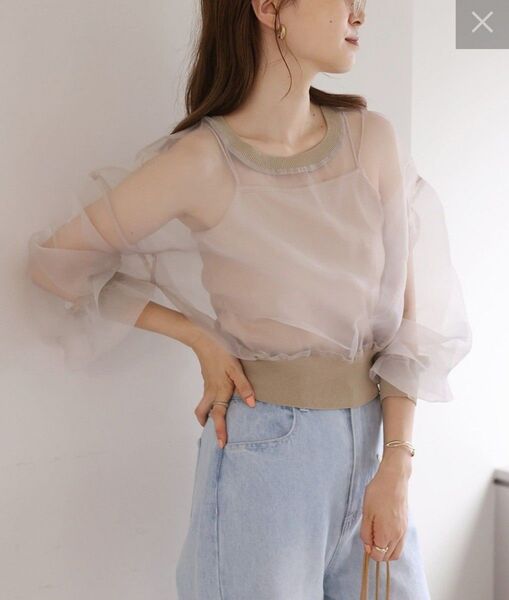 【新品】NICE CLAUP シアートップス 長袖 ベージュ リブ ナイスクラップ カットソー ブラウス シフォン シースルー