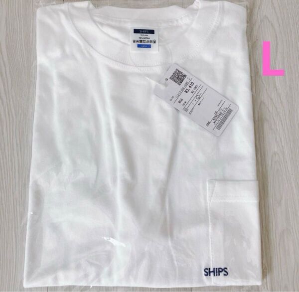 マイクロ SHIPSロゴ ポケット Tシャツ L ホワイト×ネイビー