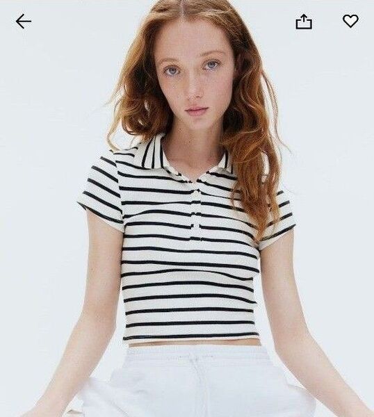 綿棒 H&M リブ ボーダー柄ポロシャツ Mサイズ ホワイト×ブラック クロップ丈
