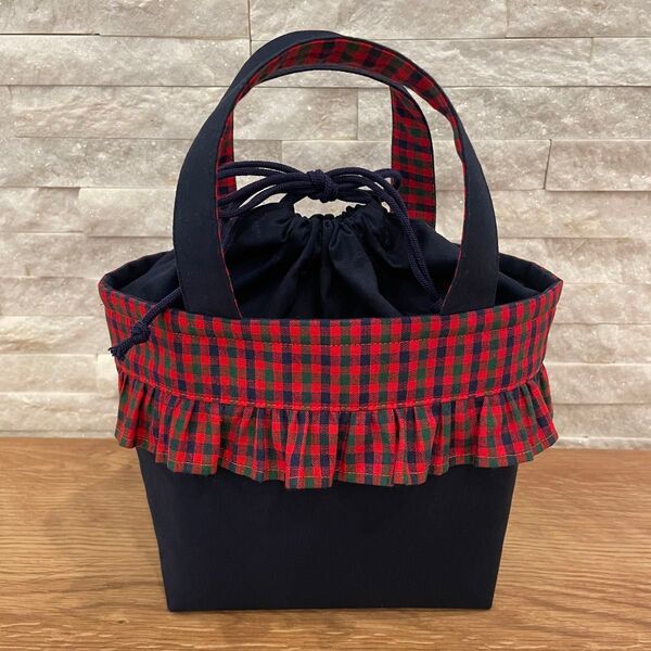ファミリア風 赤チェック フリル付き ランチトートバッグ ハンドメイド