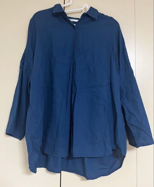 ネイビー 長袖シャツ XLサイズ ユニクロ UNIQLO 麻混 リネン 長袖 シャツ ブルー XL ブラウス 羽織