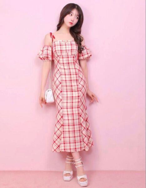 M me eme 2way check long mermaid dress レッド