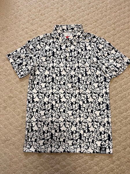 お買い得!ニューバランス ゴルフ ボタンダウン ポロシャツ 超美品 サイズ 5(L相当) ホワイト 白地 紺柄入り 価格交渉可