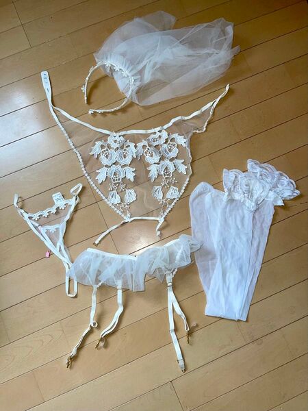 セクシーコスプレウエディングドレス風ベビードール ガーターベルトMベールキャミソールガーターベルトTバックニーハイストッキング