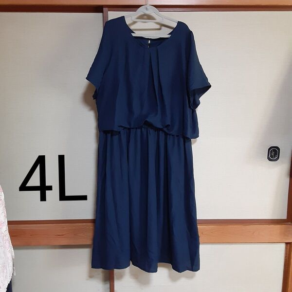 【美品】4L ネイビー 紺 膝丈ワンピース 半袖 大きいサイズ