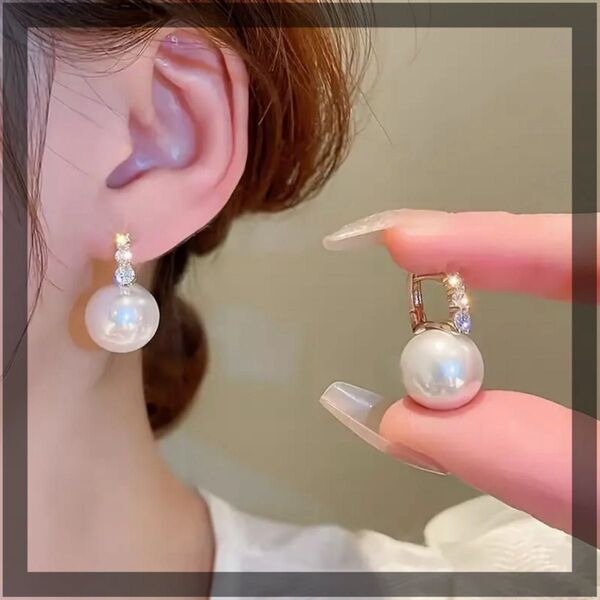 パールピアス 上品パール&キュービックジルコニア ピアス ゴールド アクセサリー フープピアス 結婚式 真珠 上品 韓国 パール