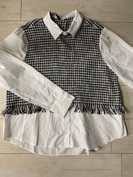 ZARA ブラウス ベスト ドッキング トップス 千鳥格子 フリンジ