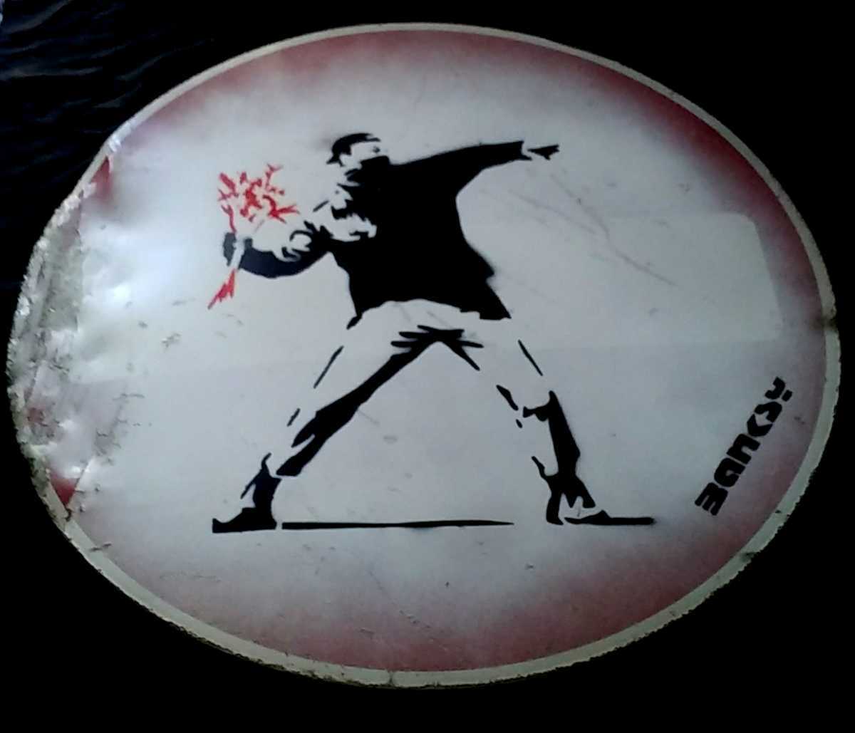 New price! Banksy's road sign Flower Thrower road sign. Around 2015 UK WSM. Damaged and cracked on left side ■ Weston-super-mare text included, artwork, painting, graphic