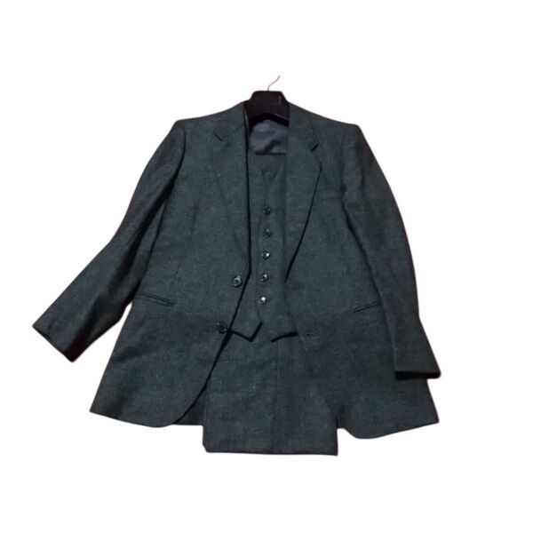ZENNER 3ピースセットアップスーツ 上質ツイード MENS 良品 グレー ジャケット ベスト パンツ 90YA5 日本製