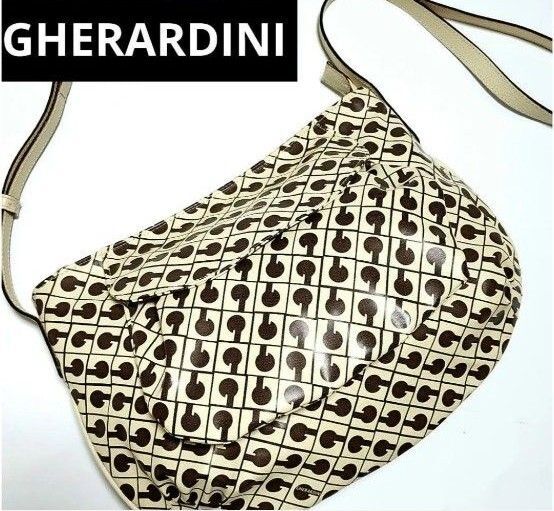 美品 高級 GHERARDINI ゲラルディーニ ショルダーバッグ 斜め掛け クロスボディ サコッシュ レディース ベージュ 茶