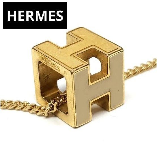 高級 HERMES エルメス ネックレス ペンダント トップ Hロゴ キューブ カージュドアッシュ ゴールド アイボリー ベージュ