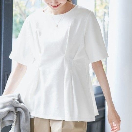 【新品】ロペピクニック「UVカット・接触冷感」ウエストタックペプラムトップス ホワイト