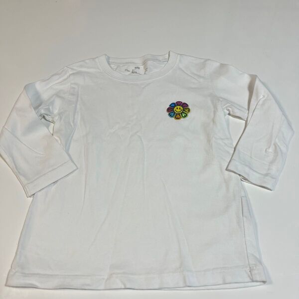 ホワイト 花刺繍 長袖Tシャツ 100cm