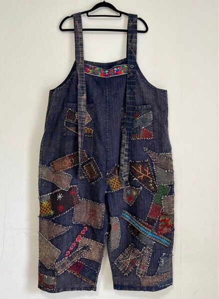 ハンドメイド 刺し子 古布パッチワーク 手刺繍 ヴィンテージ風 サロペット