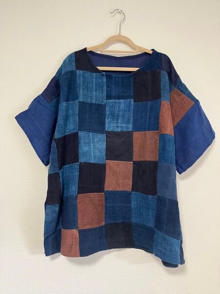 お得 ハンドメイド 藍染 柿染め 刺し子 パッチワーク 半袖 tシャツ 男女兼用