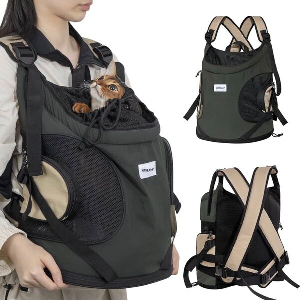 【新品未使用】抱っこ紐 リュック キャリーバッグ ペットスリング メッシュ 犬 猫 濃緑 黒