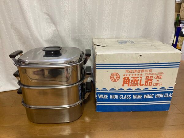 IH対応 PEACH BLAND ステンレス鋼 29cm 6.3L 3段角蒸し器 神子島製作所 角型 中古品