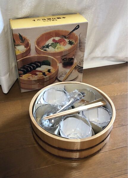 株式会社曽南 木曽さわら 木桶万能セット VT-101 木桶そうめんセット 未使用保管品 270mm木桶小鉢5点お玉白南天はし