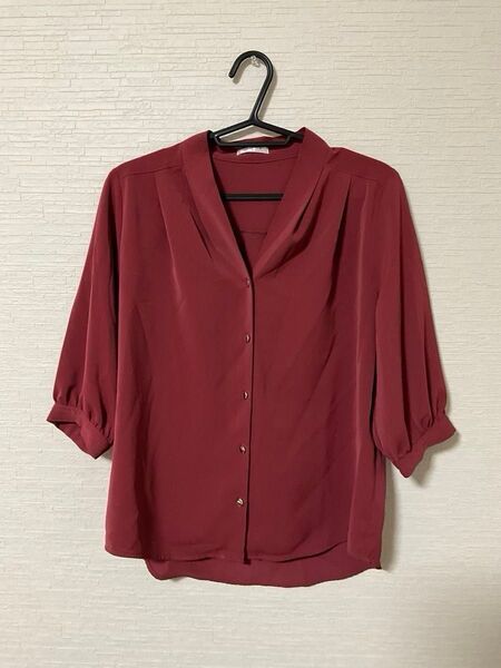 少々難あり Honeys GLACIER 七分袖 Vネックブラウス スモーキーレッド トップス Sサイズ