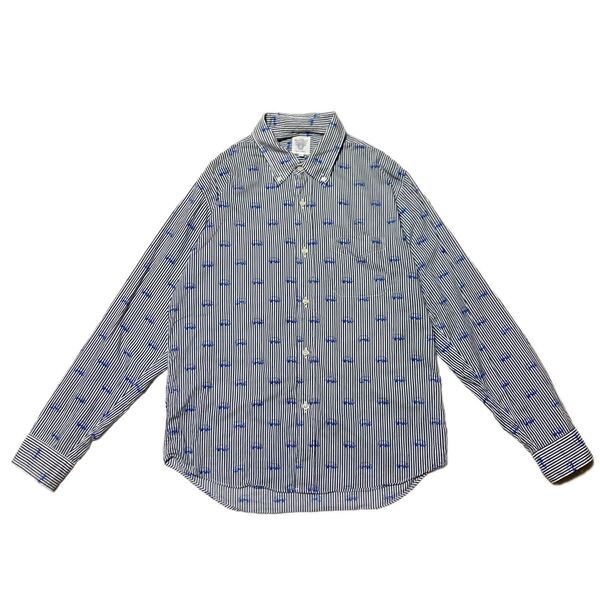 【美品】SHARKEY'S シャーキーズギャラリー ストライプBDシャツ L 日本製 ボタンダウン 長袖 サイ柄 総柄 薄手 動物
