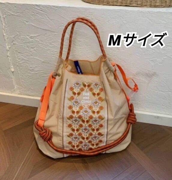 FLOWER LINE 刺繍 ショルダーバッグ エコバッグ М ベージュ ナイロン