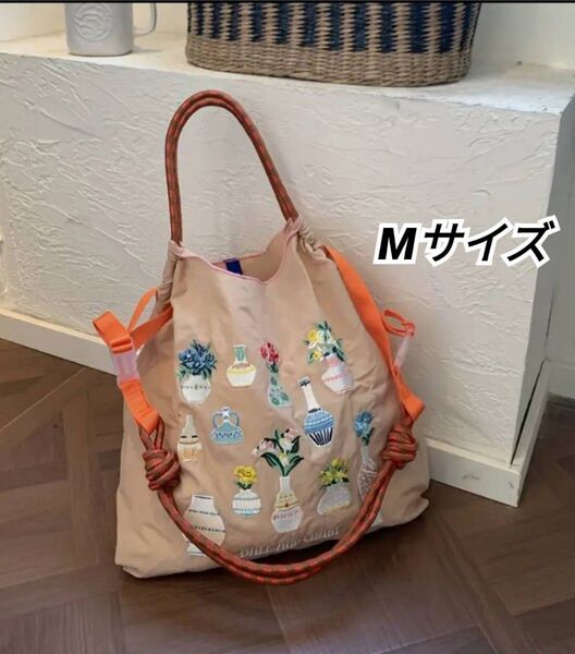 花柄 花瓶 刺繍 トートバッグ エコバッグ Mサイズ ショルダーストラップ付 ベージュ Various Vase