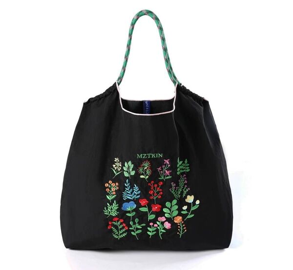 MZTKIN トートバッグ 刺繍 花柄 エコバッグ ブラック Мサイズ