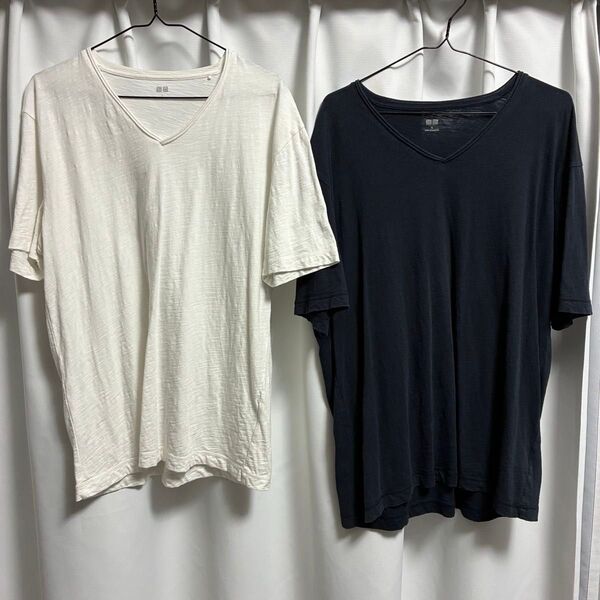 難有 UNIQLO ユニクロ VネックTシャツ メンズ L XL ホワイト 白 ネイビー 紺 濃紺 綿 コットン 半袖 トップス