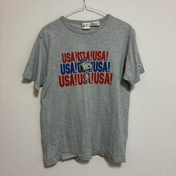 チャンピオン champion ピーナッツ PEANUTS スヌーピー Tシャツ 半袖 グレー クルーネック M USA 古着
