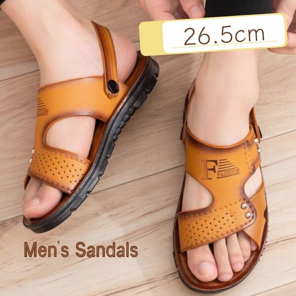 2WAYビーチサンダル 26.5cm ライトブラウン メンズ 夏用 ストラップ付き レザー調 滑りにくい 通気性 防水 アウトドア