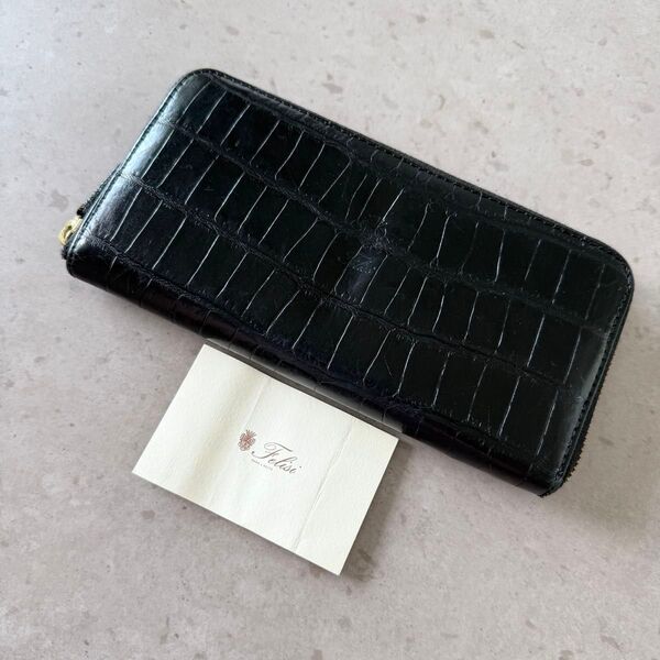 【人気】Felisi フェリージ レザー クロコ 型押し ラウンドファスナー 長財布 ブラック 黒