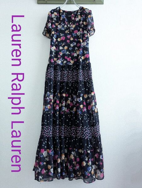【良品】Ralph Lauren シースルー花柄 ティアードロングワンピース紺