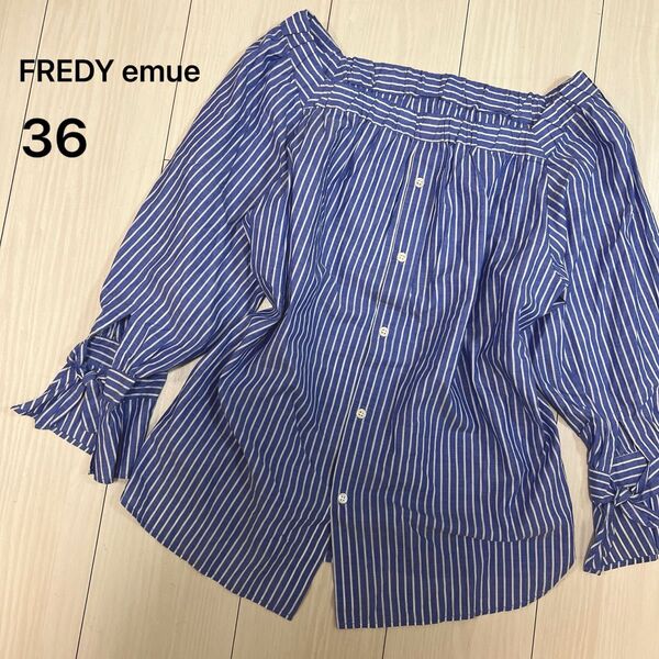 2wayオフショルダースクエアネックトップス リボン袖七分袖ブラウス ストライプ 36 S〜M