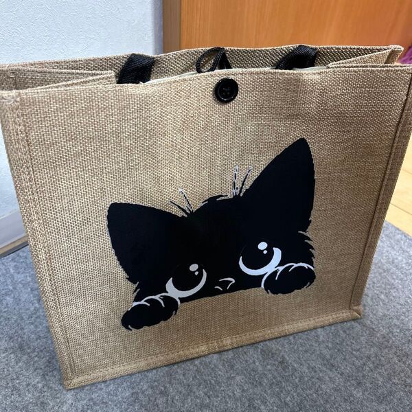 黒猫デザイン 大容量トートバッグ ベージュ 小物入れポーチ付き