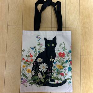 【新品】黒猫とお花のトートバッグ カラフルな花畑デザイン 猫柄