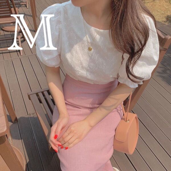 M レース柄トップス 半袖カットソー パフスリーブ 洋服 レディースファッション