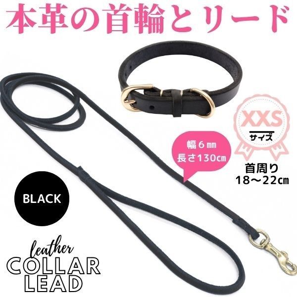 首輪&リードセット★XXSサイズ☆18-22cm ★牛革★超小型犬★ブラック☆黒