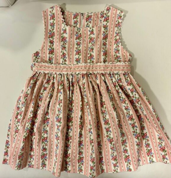 美品 ヴィンテージ 子供服 花柄ストライプ ワンピース ジャンパースカート 120cm