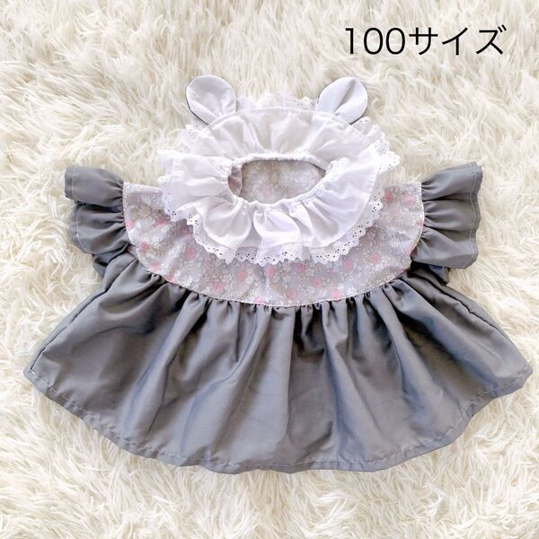 ハンドメイド 子供服 ブラウス 100 くま耳 フリル 花柄 首ゴム レース