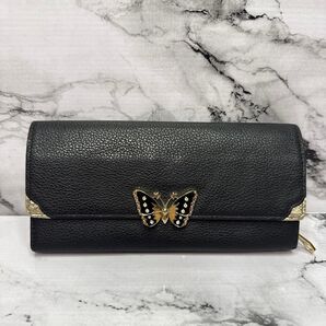 (美品)大人気、アナスイ、長財布、蝶々、オールレザー、シボ革、人気色、L字、高級、人気デザイン、蝶々ロック式、プレゼントにも