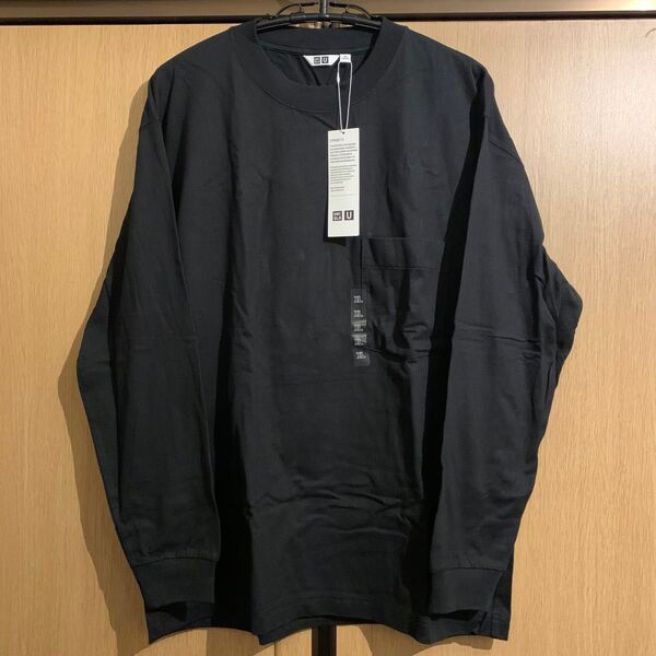 送料無料◆新品 UNIQLO 長袖クルーネックTシャツ◆メンズ XL 黒 ブラック ロンT ユニクロ 未使用タグ付き トップス