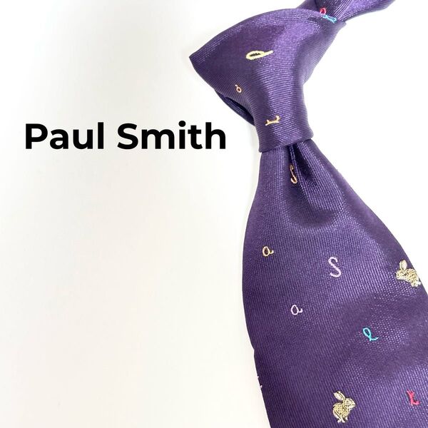Paul Smith ポールスミス ランダムスペル 総柄 うさぎ アニマル柄 刺繍 メンズ シルク ネクタイ パープル