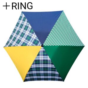 美品 +RING プラスリング 折りたたみ傘 晴雨兼用 グリーン 緑 ブルー イエロー タータンチェック カラフル 軽量 個性的